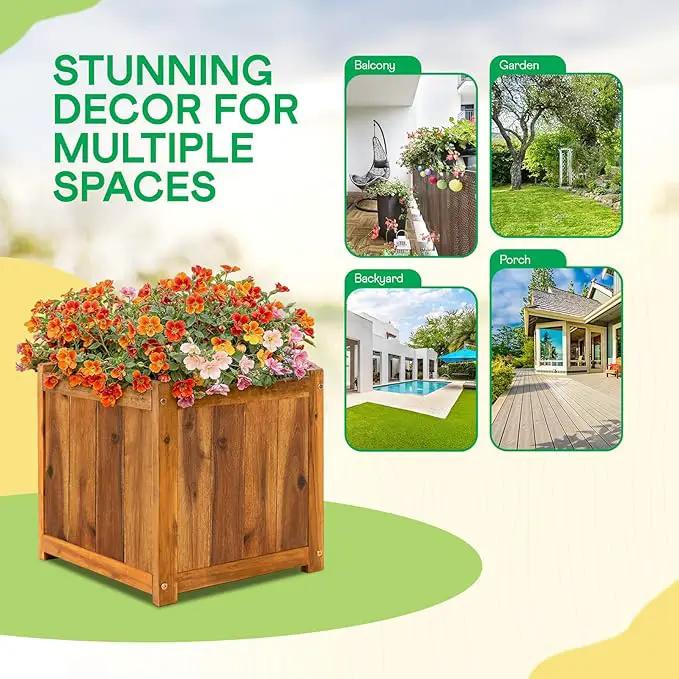 IDZO Acacia Wood Flower Planter Box for Outdoor Plants, 1pc Wooden Raised Garden Bed with Handles, Drainage Holes, Ideal for Garden and Home Décor, Light Cherry by GreenHaven Gardens
