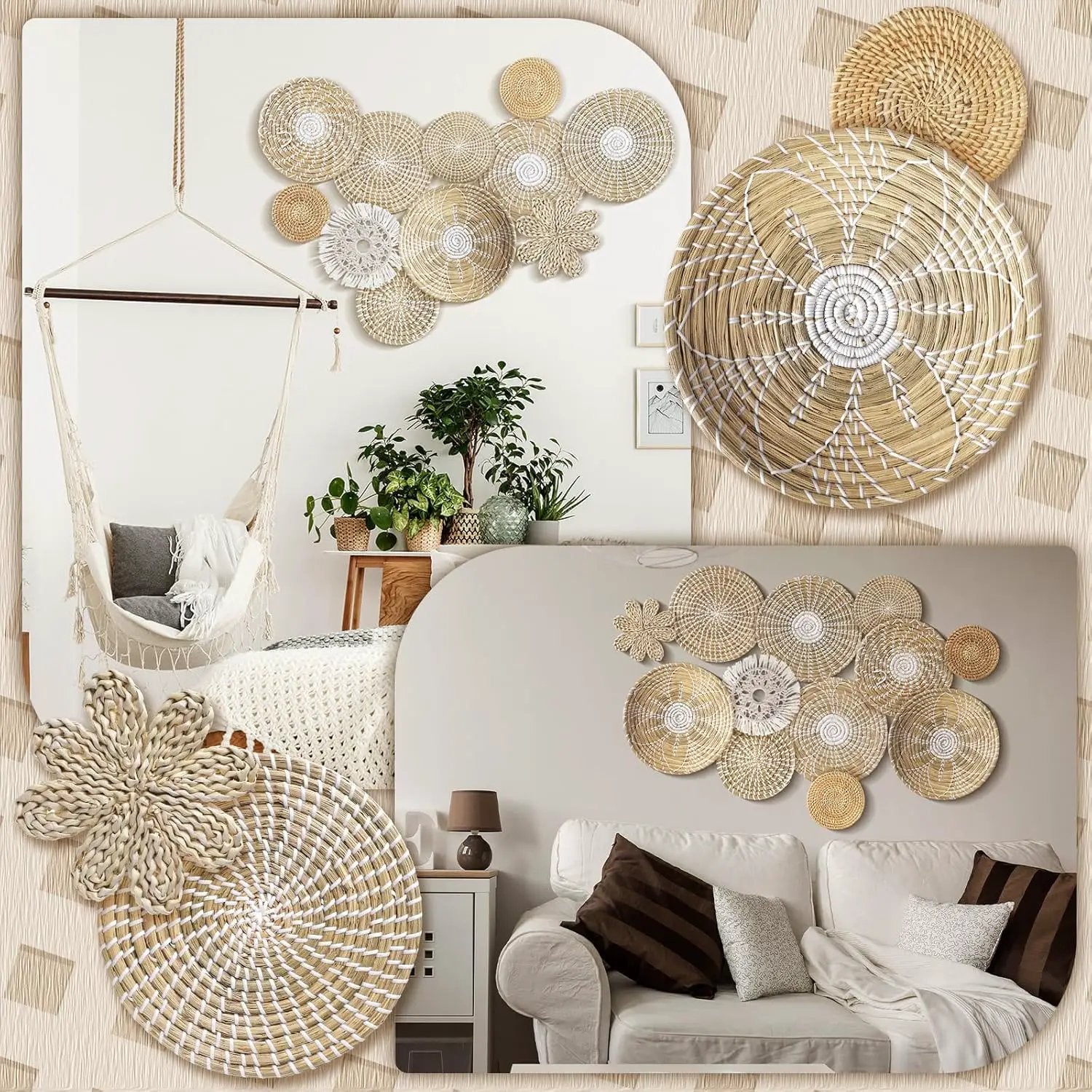 11 Pcs Boho Hanging Wall Basket Decor Handmade Woven Basket Wall Decorative Boho Wicker Baskets Placemats Round Farmhouse Bulrush Art for Rustic Home Decorations Christmas Gift(Fresh) by GreenHaven Gardens