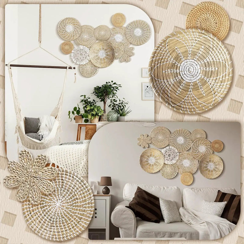 11 Pcs Boho Hanging Wall Basket Decor Handmade Woven Basket Wall Decorative Boho Wicker Baskets Placemats Round Farmhouse Bulrush Art for Rustic Home Decorations Christmas Gift(Fresh) by GreenHaven Gardens