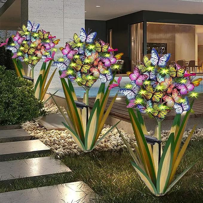 Solar Metal Agave Butterfly Flower Stick Garden Sculpture - Outdoor Gift, Christmas Lights, Swaying Butterfly, Sunflower - Solar Outdoor Statues (3 PCS Light Green) by GreenHaven Gardens