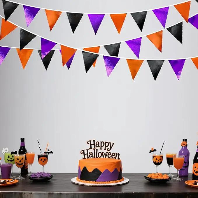 Black Orange Purple Halloween Party Decorations Metallic Fabric Triangle Pennant Banner Flag Bunting Garland for Birthday Baby Shower Bachelorette Trick or Treat Halloween Holiday Party Supplies by GreenHaven Gardens