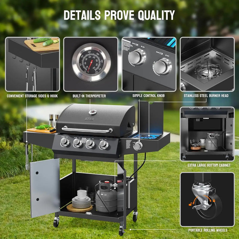 ROVSUN 4 Burner Propane Gas Grill with Side Burner, 58,000BTU BBQ Grills with Enameled Cast Iron Grates, Shelf & Cabinet for Outdoor Garden Patio Backyard Barbecue Cooking by GreenHaven Gardens