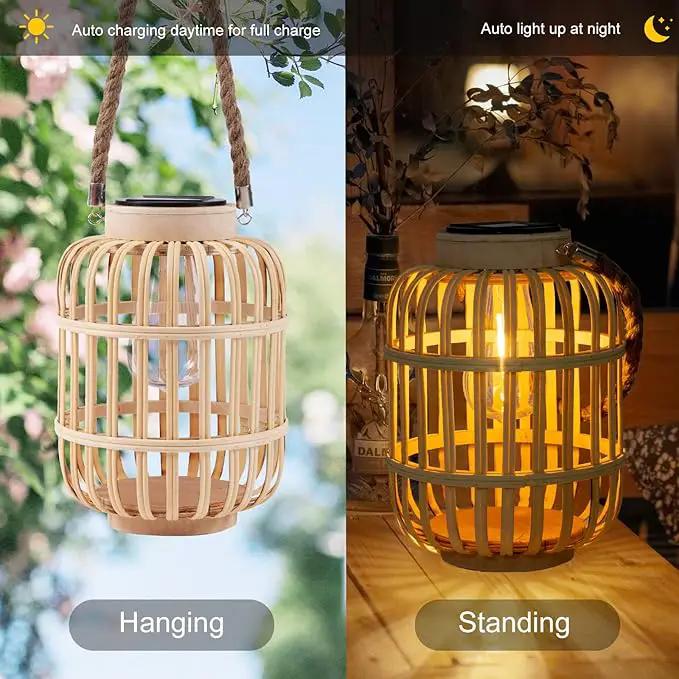 pearlstar Outdoor Solar Lanterns Light Rattan Natural Lantern with Handle for Hanging or Table Lamp for Patio Yard Garden Wedding Home Decoration, Edison Bulb, Auto on/Off (Style 4) by GreenHaven Gardens