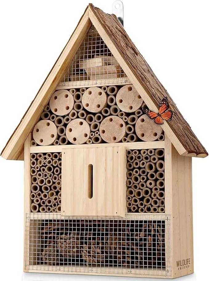 I Large Insect Hotel with bark roof Natural, Weatherproof, Insect House Made of Natural Wood for Bees, Ladybugs, lacewings, Butterflies, bee Hotel, Nesting aid for Hanging by GreenHaven Gardens