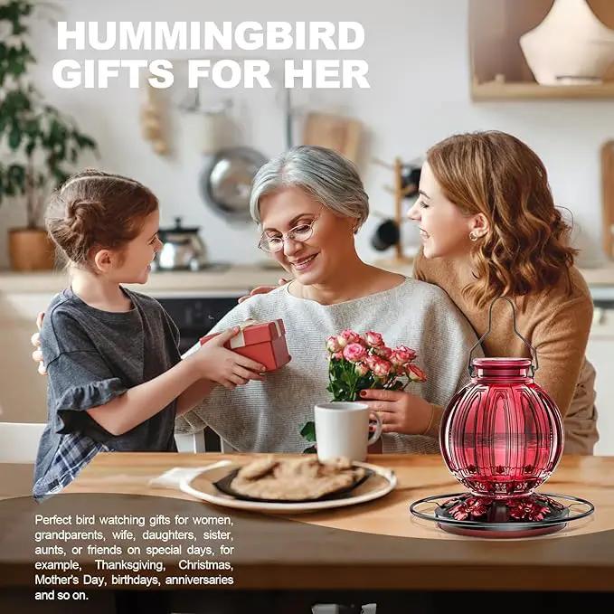 Glass Hummingbird Feeder for Outdoors Hanging, 26Oz Bird Nectar Feeder with Perch & 5 Flower Feeding Ports, Leak Proof for Outside Garden Decor Backyard, Gifts for Women Mom, Red by GreenHaven Gardens