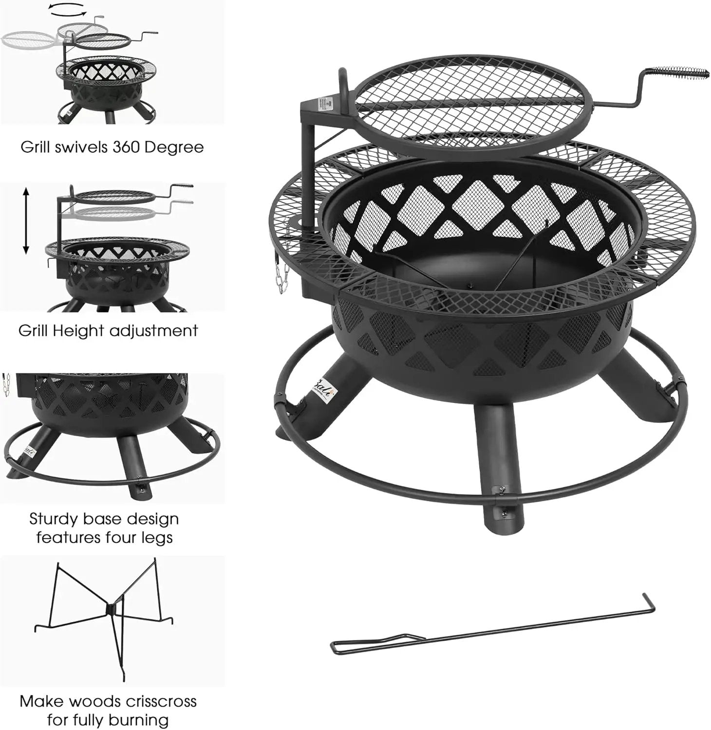 BALI OUTDOORS Fire Pit with Poker, 32 inch Outdoor Fire Pit Patio, Wood Burning Firepits for Outside with Grill by GreenHaven Gardens
