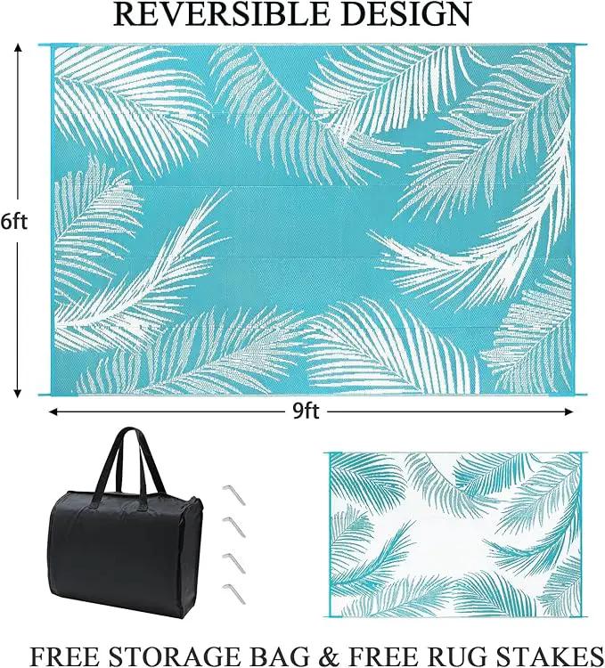 Pauwer Waterproof Outdoor Rug 6x9, Reversible Plastic Straw Patio Camping Rug, Indoor Outdoor RV Mat Carpet for Deck, Camper, Porch, Balcony, Backyard, Picnic, Leaf Teal by GreenHaven Gardens