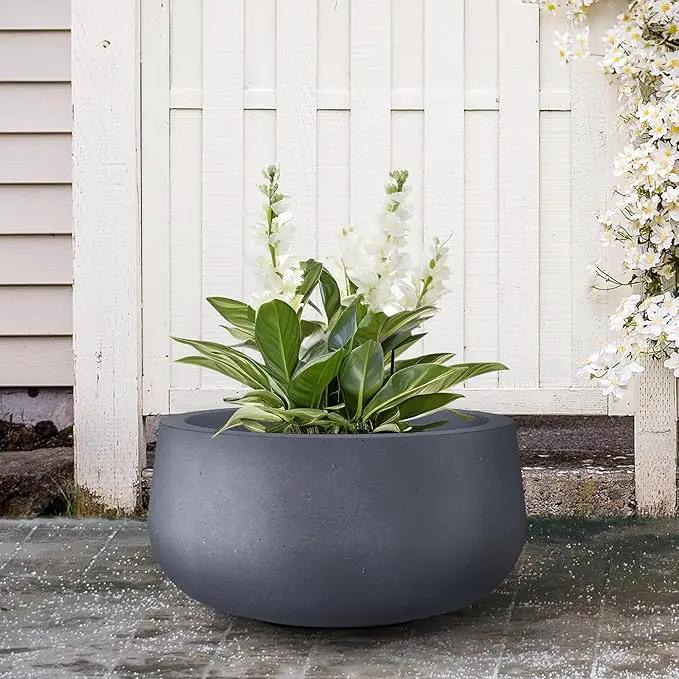 Kante 15.7" Dia Round Concrete Planter, Outdoor Indoor Garden Plant Pots with Drainage Hole and Rubber Plug, Modern Curvaceous Design, Charcoal by GreenHaven Gardens