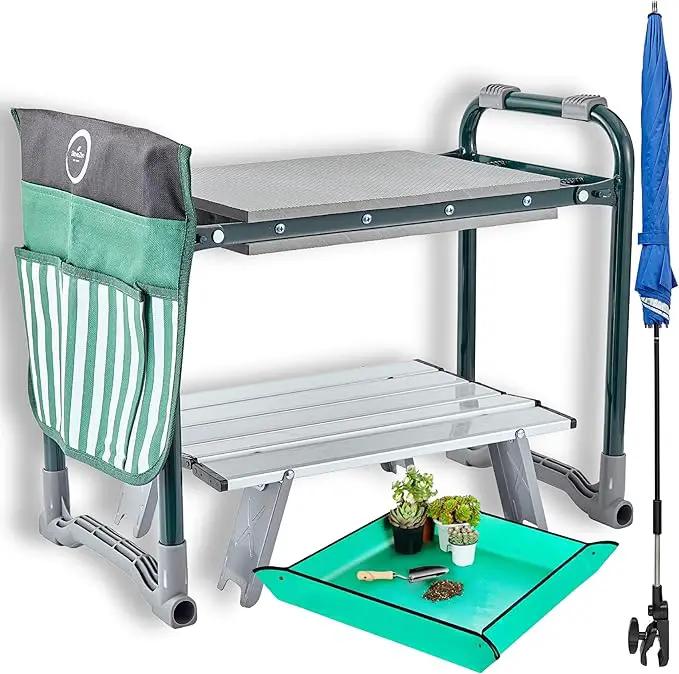 Garden Kneeler Seat Bench, Garden Kneeling Bench with Sunshade Umbrella, Ergonomic Handles, Folding Table, and Potting Mat, 10.2" Foam Knee Seat, Loading Capacity 330 Lbs by GreenHaven Gardens