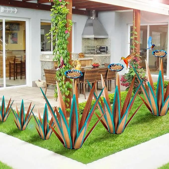 Large Tequila Rustic Sculpture, Rustic Metal Agave Plants for Outdoor, Home Decor Garden Yard Statue (Blue - L (W/Bird Feeder)) by GreenHaven Gardens