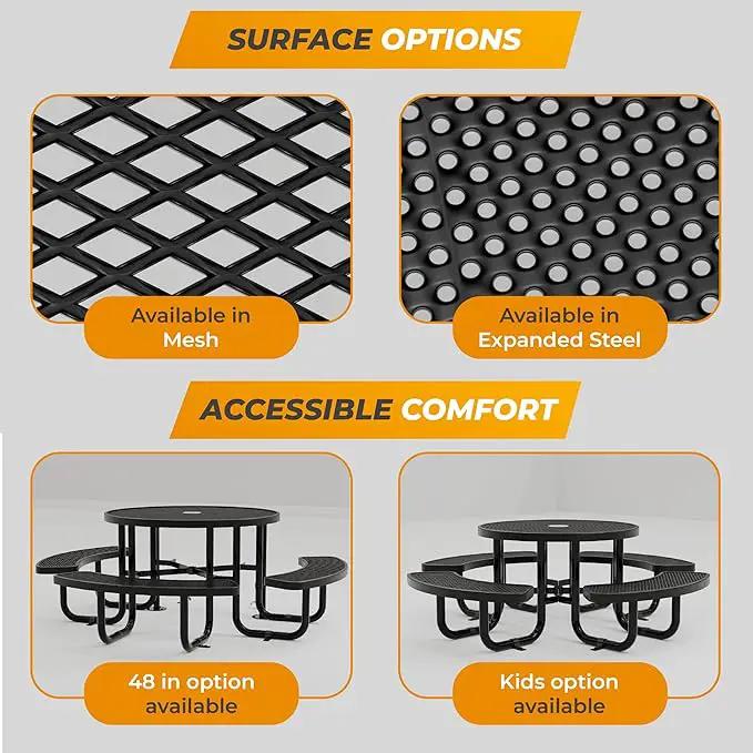 Metal Picnic Tables for Outdoors with Umbrella Hole - Coated Steel Heavy Duty Commercial Grade Table with Adjustable Seats (Red, 38 in, Round, Expanded Steel) by GreenHaven Gardens