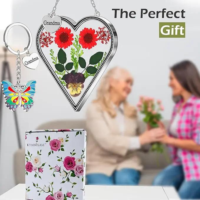 KY&BOSAM Heart Suncatcher Grandma Gifts Glass Butterfly Suncatchers for Window Pressed Flower Between Heart in Glass Metal Engraved Charm Gift for Women Mother's Day Valentine's Birthday Christmas by GreenHaven Gardens