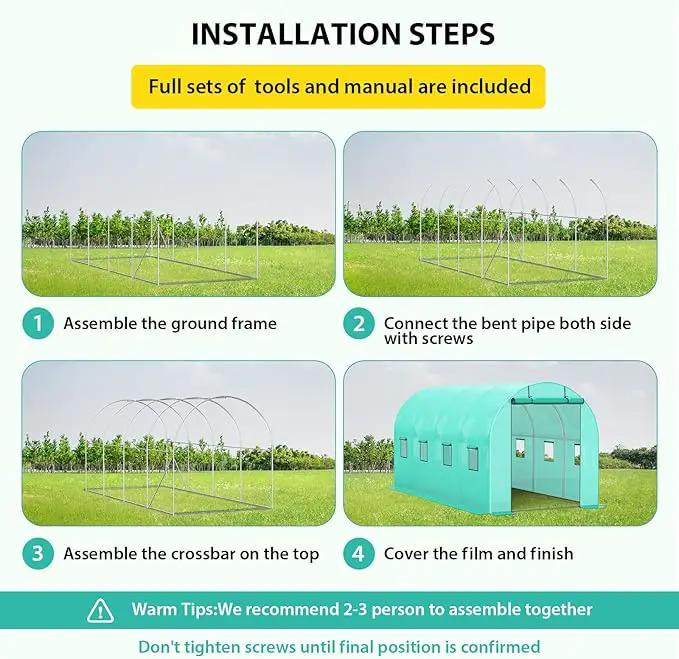 Compact Greenhouse Kit 7'x15'x7' with Galvanized Frame, 140G Green PE Cover, 1 Door & 8 Windows for Outdoor Gardening by GreenHaven Gardens
