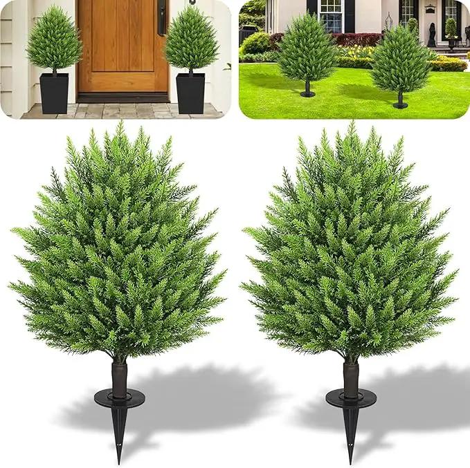 31" Artificial Cedar Topiary Ball Trees with Ground Spike,2 Pack Fake Pine Shrubs Bushes, UV Resistant Faux Evergreen Cypress Tree Plants for Indoor Outdoor Planters Front Porch Garden Decor by GreenHaven Gardens