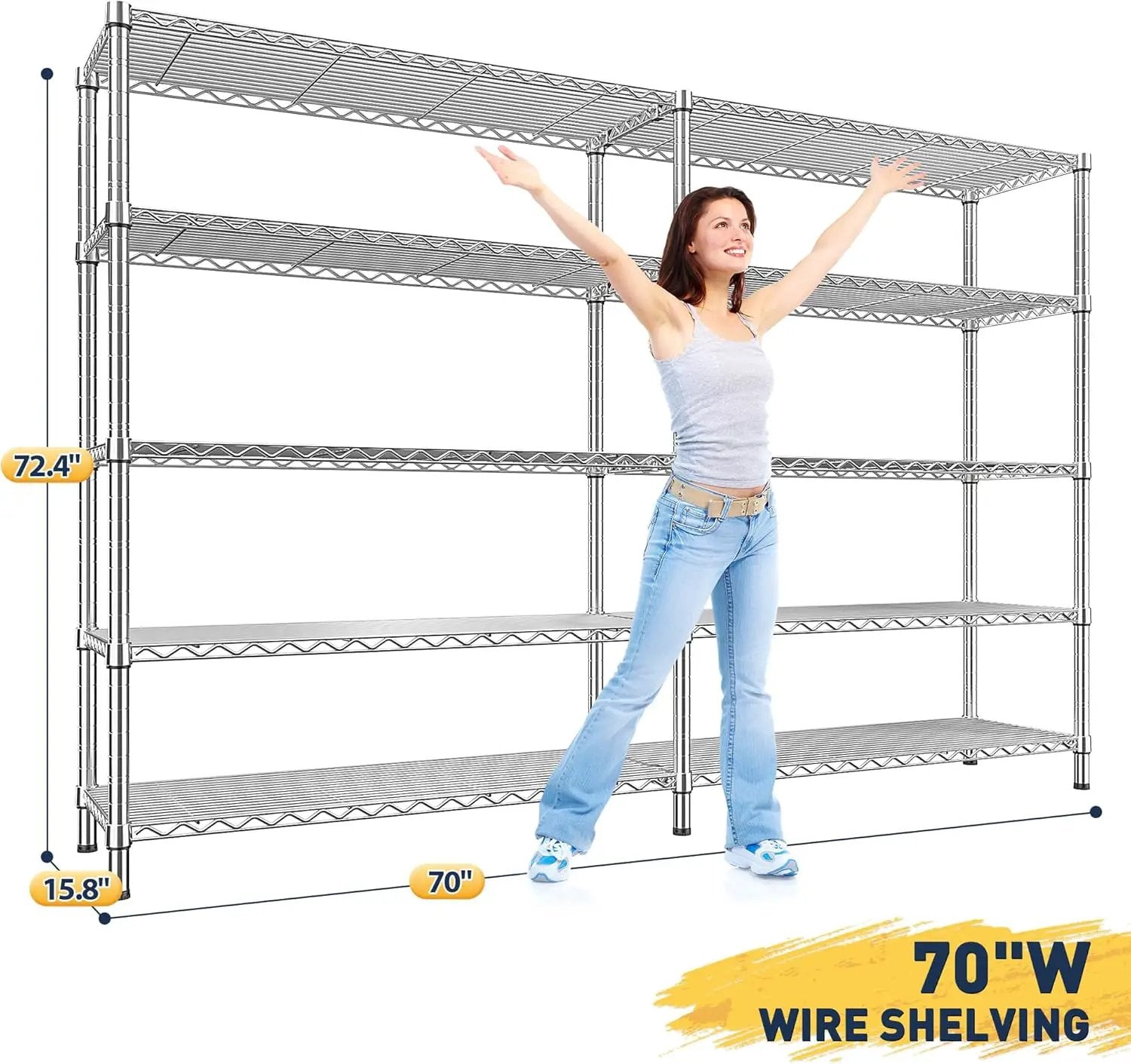 REIBII 70" W Wire Shelving Load 1500LBS, Metal Shelving 5-Tier Storage Shelves Metal Shelves for Storage Adjustable Shelving Rack for Pantry Kitchen Commercial School 70" W*15.8" D*72.4" H,Chrome by GreenHaven Gardens