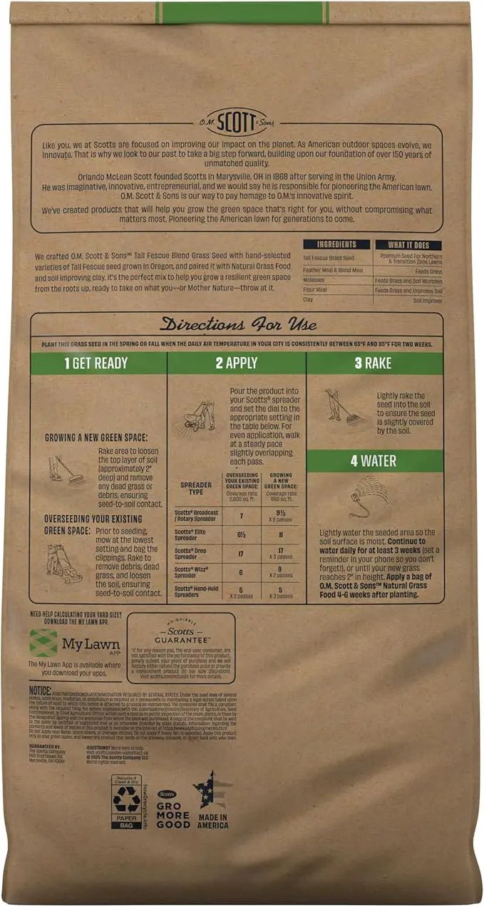 O.M. Scott and Sons Tall Fescue Blend Grass Seed, Fertilizer and Soil Improver, Naturally Crowds Out Weeds, Covers Up to 2,000 sq. ft., 8 lbs. by GreenHaven Gardens