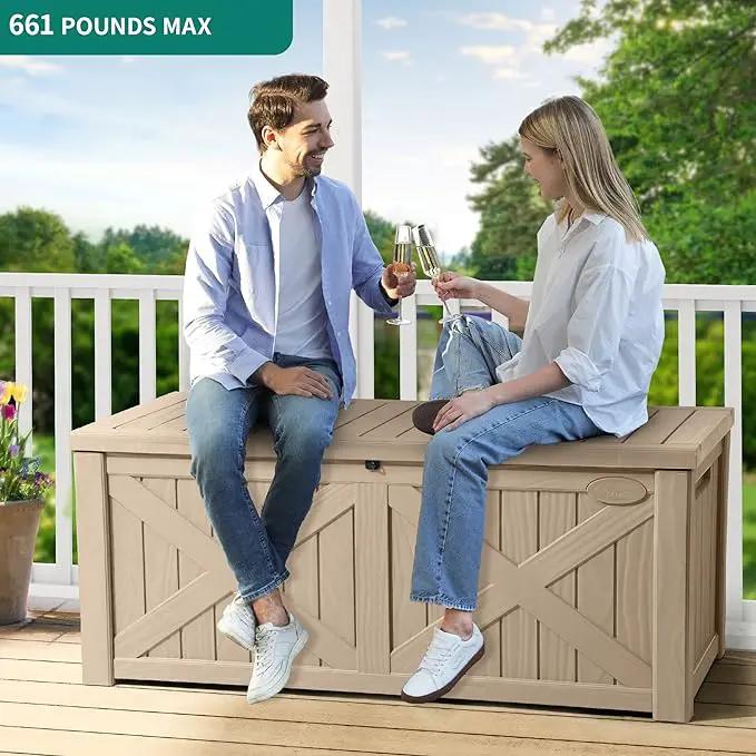 YITAHOME 120 Gallon Large Deck Box, Upgraded Resin Outdoor Storage Boxes w/Flexible Divider, Waterproof Cushion Storage Bench for Patio Furniture, Pool Supplies, Garden Tools - Lockable, Taupe by GreenHaven Gardens