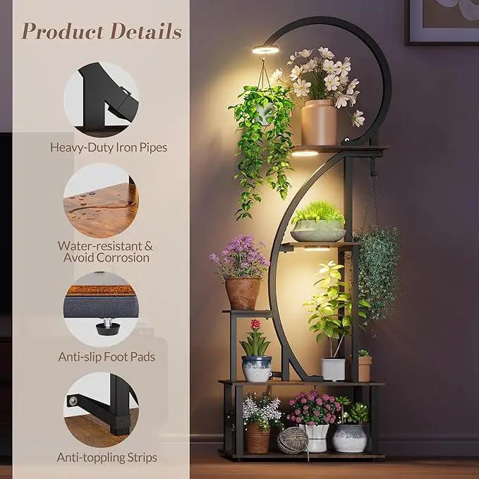 Indoor Plant Stand with Grow Lights, Half-Heart Shape Metal Shelf with Multiple Wood Boards and Hooks for Hanging & Potted Plants, Tall LED Display Rack for Living Room, Balcony Décor by GreenHaven Gardens