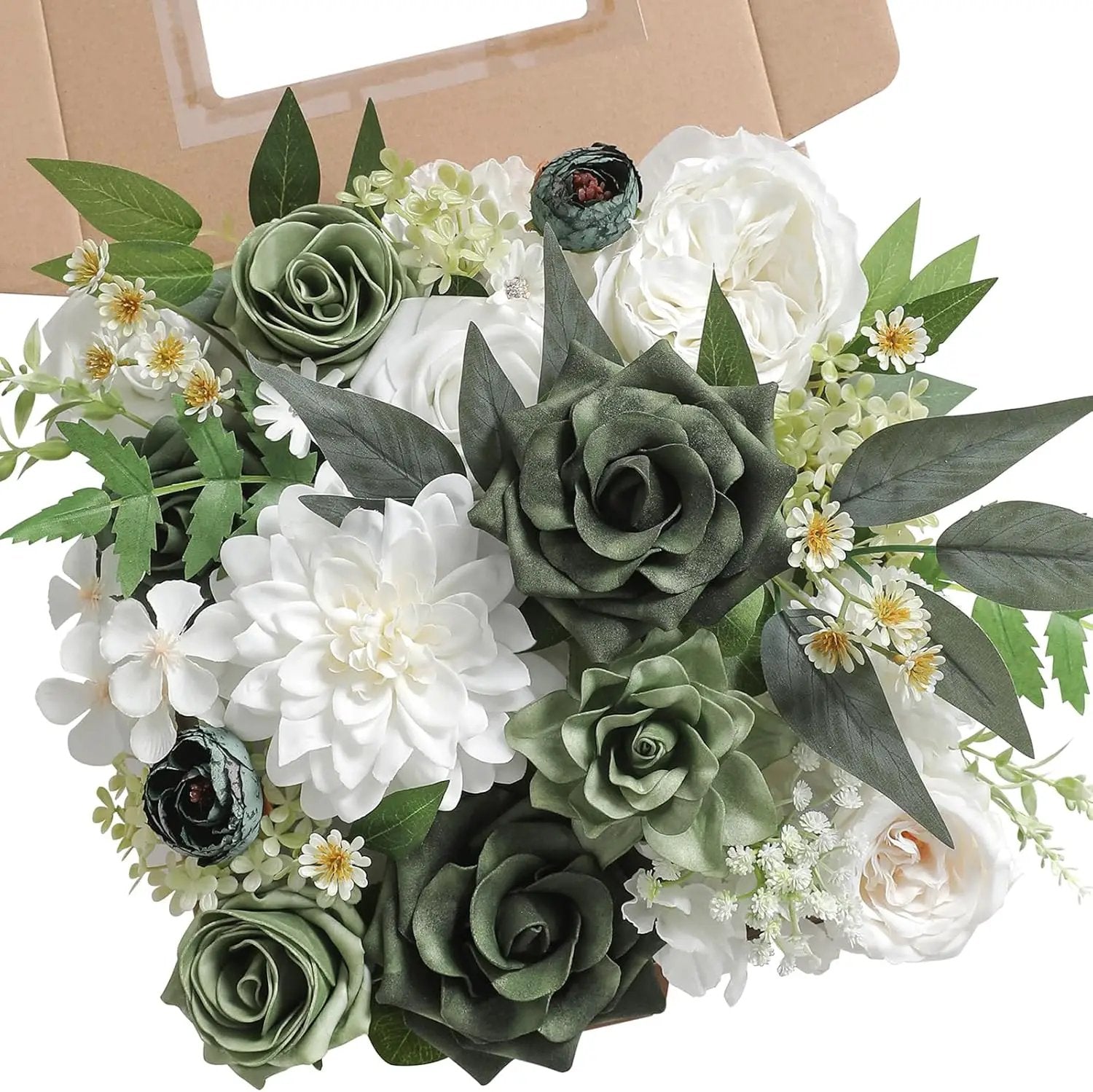 Forest Green Artificial Flowers Silk Fake Roses Peonies Greenery Combo Box Set for DIY Wedding Bouquets Bridal Shower Centerpieces Floral Arrangements Party Tables Home Decoration by GreenHaven Gardens
