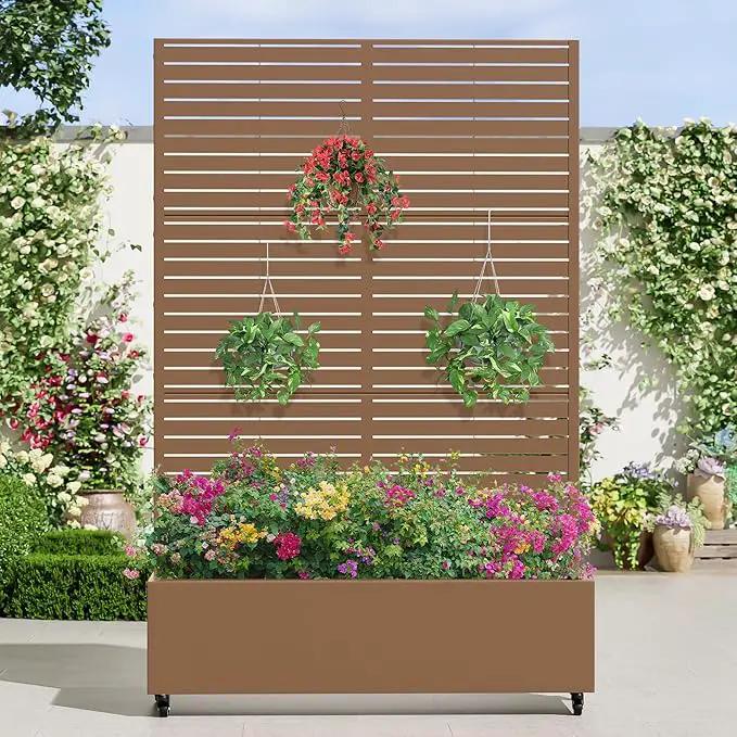 Casaphoria Metal Raised Garden Bed with Trellis and Wheels, 72"x47"x16" Planter Box for Climbing Plants, Vegetables & Vines, Features Drainage Holes and Privacy Screen (Brown-Louvered) by GreenHaven Gardens