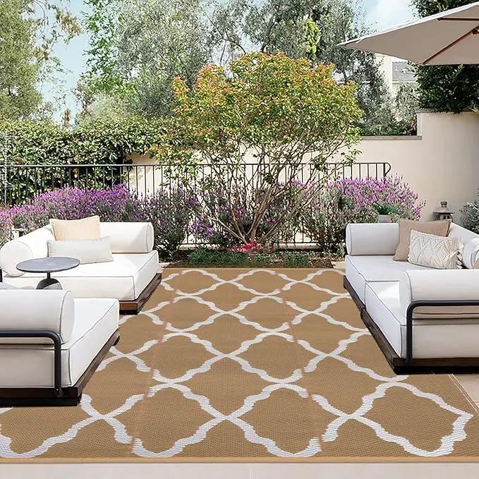 OutdoorLines Outdoor Plastic Area Rugs for Patio 5x8 ft - Reversible Outside Carpet, Stain & UV Resistant RV Mats, Straw Rug for Camping, Deck Garden, Porch and Balcony, Moroccan/Brown & Light Grey by GreenHaven Gardens