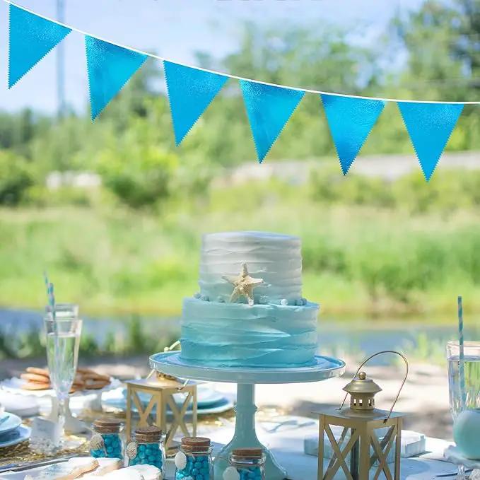 Sky Blue Party Decorations - Light Blue Triangle Pennant Banner Flag - Metallic Fabric Bunting for Graduation, Wedding, Retirement, Birthday, Under The Sea, Nautical, Ahoy, Party Decor Supplies by GreenHaven Gardens