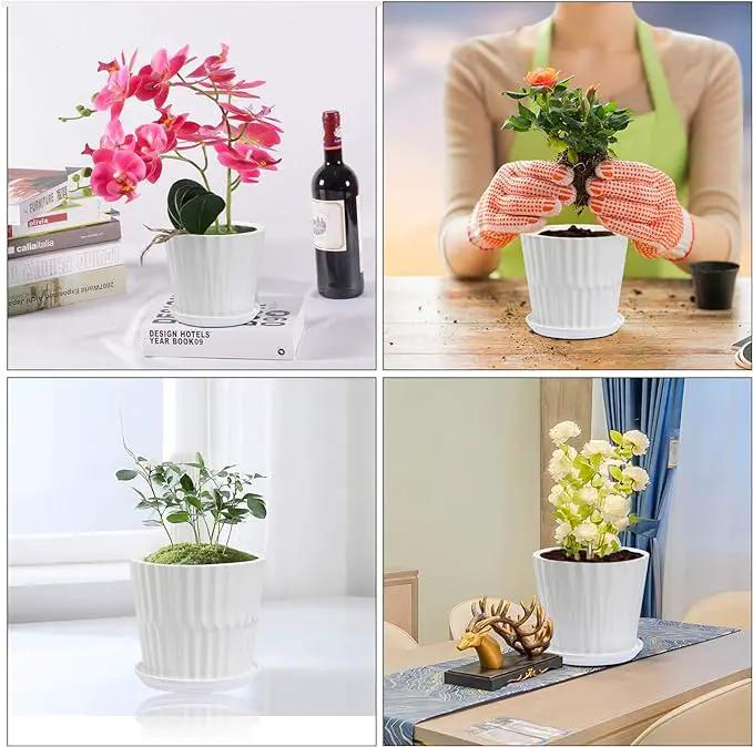 Plant Pots - 6.7 Inch Cylinder Ceramic Planters with Connected Saucer, Pots for Succuelnt and Little Snake Plants, Set of 2, White by GreenHaven Gardens