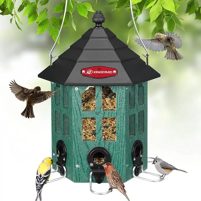 Kingsyard Wild Bird Feeder for Outdoor Hanging, Recycled Plastic Bird Feeders with 6 Ports & U-Shape Perch, Garden Yard Outside Decoration, 3.5 lbs Seed Capacity, Green by GreenHaven Gardens