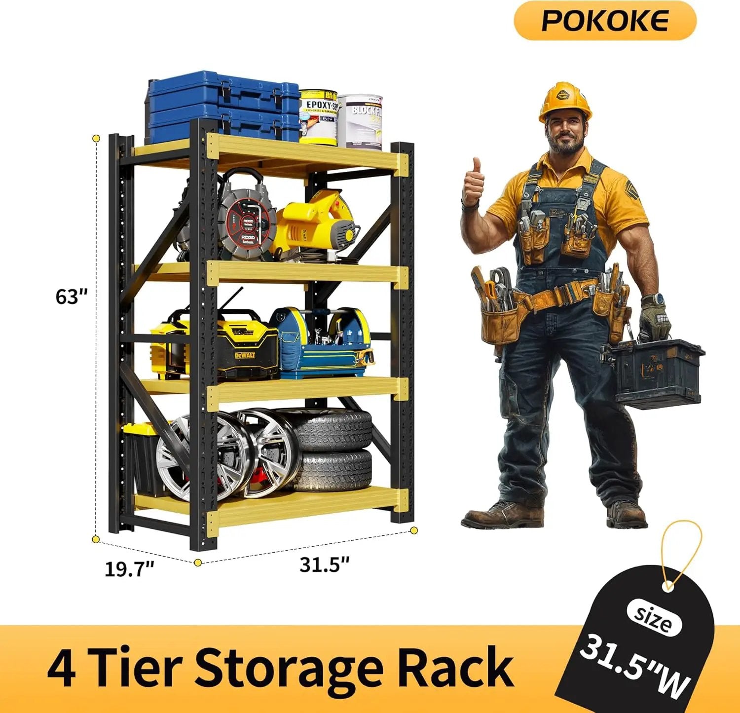 Garage Shelving Unit, 4 Tier Heavy Duty Racks, Easy Assembly, Metal Racks with Adjustable Shelves, 3000 LBS Load Capacity,for Warehouse,Basement (Black&Yellow, 19.7" D x 31.5" W x 63" H) by GreenHaven Gardens