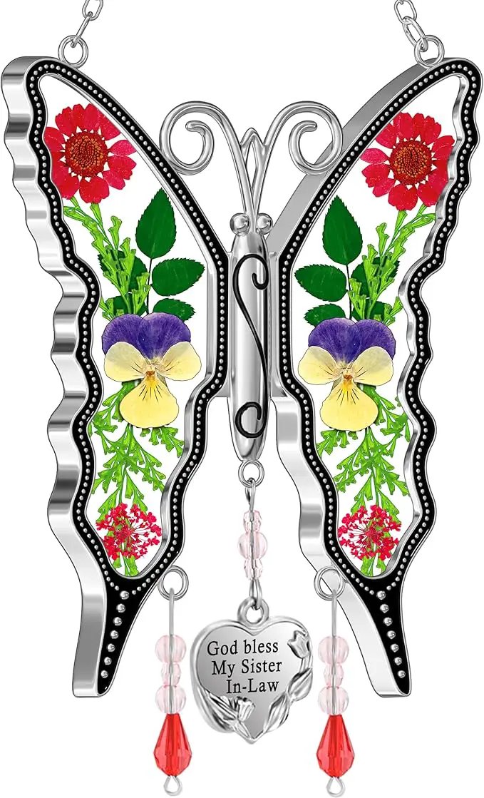 KY&BOSAM Gifts for Women God Bless My Sister in-Law Butterfly Suncatcher Sister Gifts Pressed Flower Between Wings Glass Silver Metal Charm Birthday Mother's Day Thanksgiving Christmas by GreenHaven Gardens