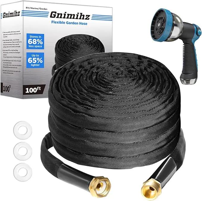 Garden Hose 100ft, Made of TPE(BetterThan PVC), with 10 Patterns Sprayer Nozzle, Ultra-Light & Flexible Water Hose with Solid Brass Fittings, Non-Shrinking, Drinking Water Safe Material by GreenHaven Gardens
