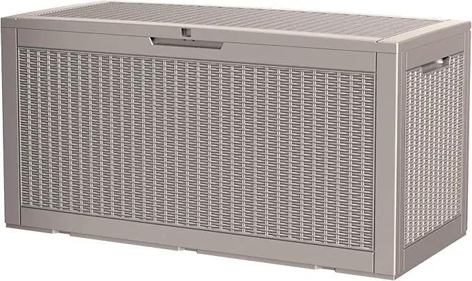 100 Gallon Storage Box, Waterproof Resin Deck Box with Hydraulic Piston Design, Lockable Storage Bench for Package Delivery, Storage Bin for Patio Cushions, Garden Tools, Grey by GreenHaven Gardens