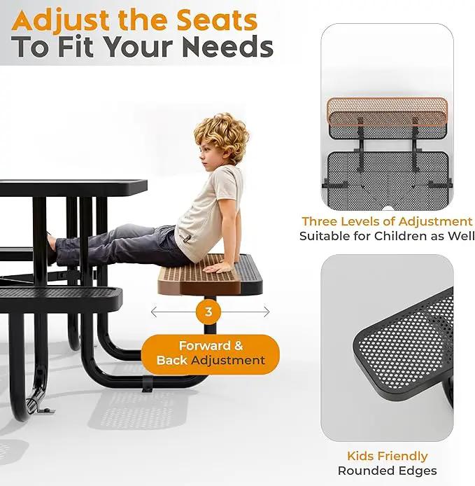 Metal Picnic Tables for Outdoors with Umbrella Hole - Coated Steel Heavy Duty Commercial Grade Table with Adjustable Seats (Black, 46 in, Square, Punched Steel) by GreenHaven Gardens