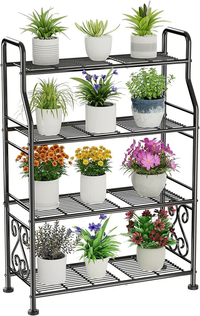 GIOTORENT Plant Stand Outdoor Indoor 4 Tier Metal Waterproof - 41.3" Plant Shelf for Patio, Balcony, Living Room, Large Capacity Tiered Plant Rack, Black by GreenHaven Gardens