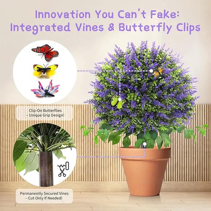28" Artificial Boxwood Topiary Ball with Lavender, UV Resistant Topiary Tree Faux Boxwood Ball Shaped Porch Bushes with Ground Spike Artificial Bushes for Outdoors Front Door Decor Home Garden by GreenHaven Gardens