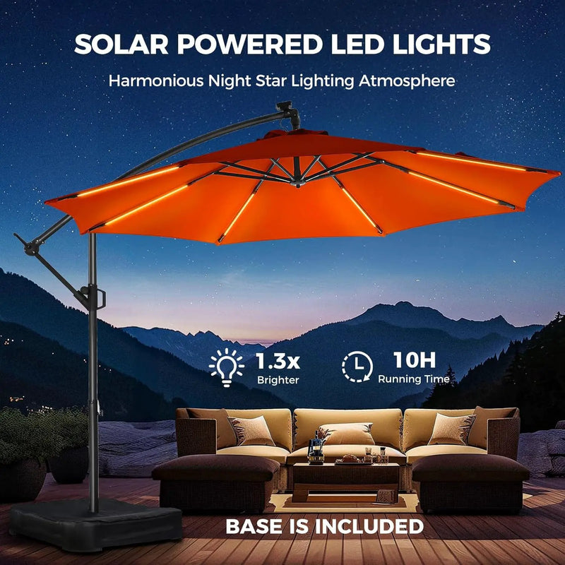HOMSHADE 10ft Solar Lights Offset Cantilever Patio Umbrella - with Light and Base, LED Lighted Offset Hanging Patio Outdoor Market Umbrella UPF50+ UV Protection with Easy Tilt and Crank (Orange) by GreenHaven Gardens