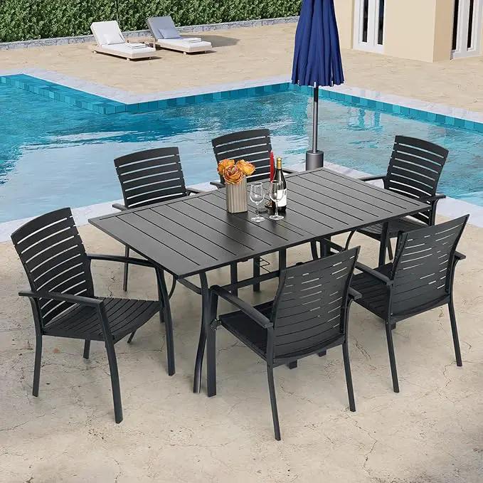 Outdoor Patio Table for 6 Person, Patio Dining Rectangle Table with 1.57" Umbrella Hole for Garden Lawn Backyard Parties, Black Metal Frame 63" L x 38" W x 28" H by GreenHaven Gardens