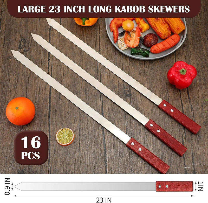 Zhehao 16 Pcs Heavy Duty Kabob Skewers 1 Inch Wide 2 mm Thin Kabob BBQ Stainless Steel Metal Skewers for Grilling with Wooden Handles, Silver(23 Inch Long) by GreenHaven Gardens
