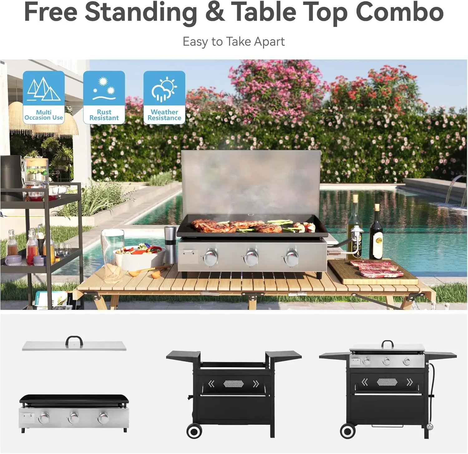 GREEN PARTY 3 Burner Propane Gas Griddle with Removable Standing Cart, Convertible to Tabletop Design, 27 inch Flat Top Grill for Outdoor Cooking Camping Tailgating Barbecue by GreenHaven Gardens