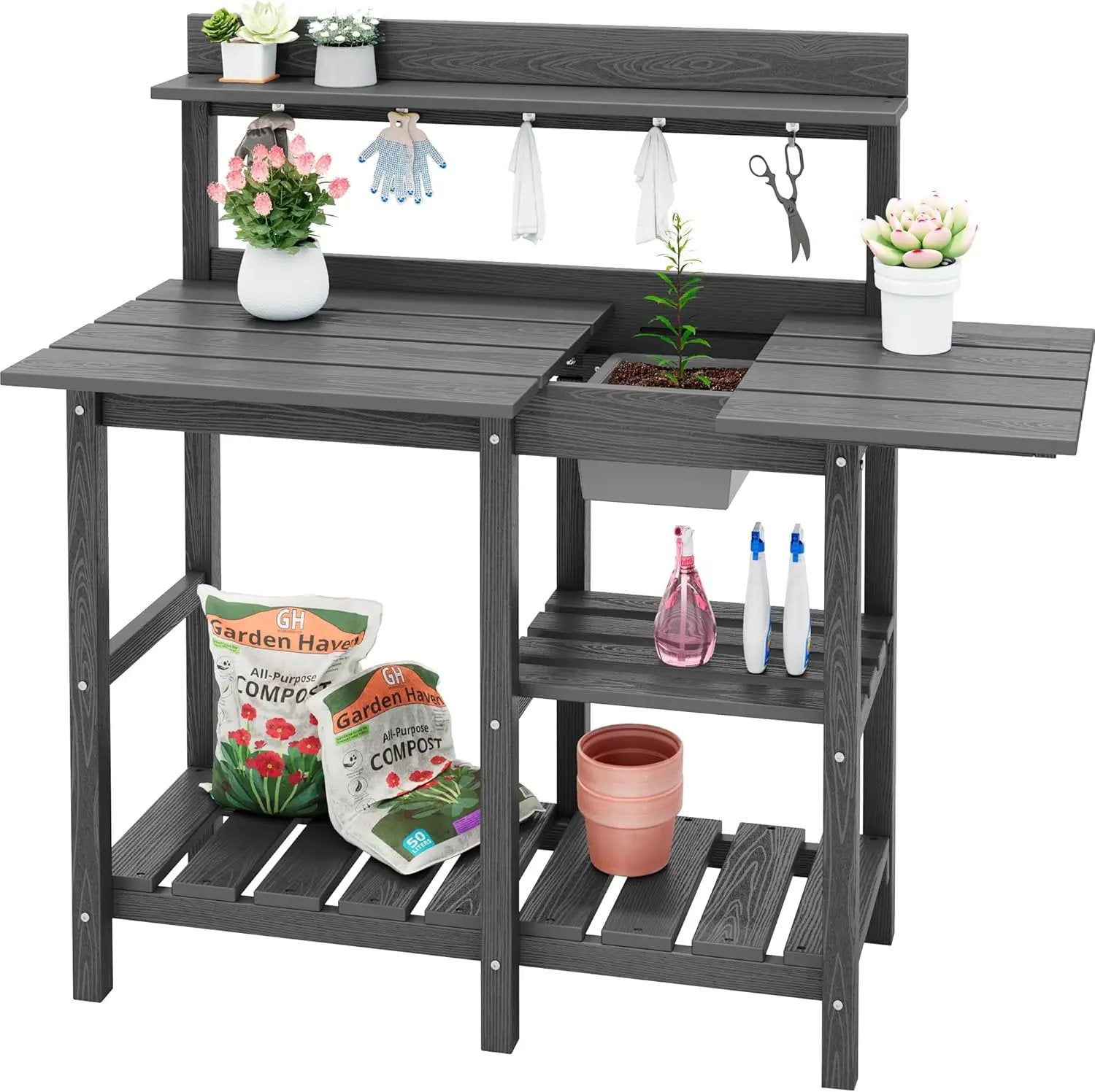 SERWALL Potting Bench Outdoor Potting Table with Sink, HDPE Potting Benches for Outside Gardening Table All Weather Use- Gray by GreenHaven Gardens