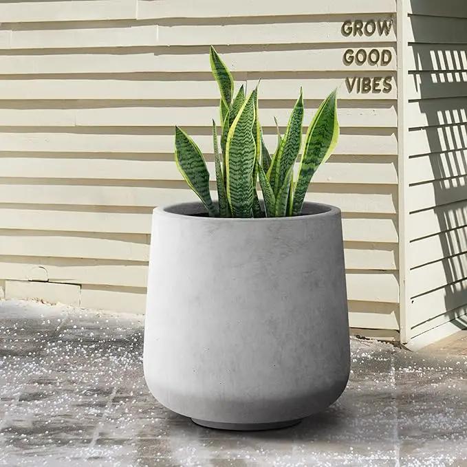 Kante 15.3" Dia Round Concrete Planter, Outdoor Indoor Large Plant Pots Containers with Drainage Hole and Rubber Plug for Home Garden Patio, Natural Concrete by GreenHaven Gardens