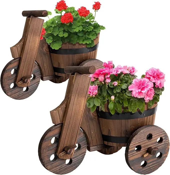Adnee 2 Pcs Wooden Barrel Tricycle Planter-Rustic Cart Garden Planter Pot-Decorative Raised Barrel Wagon Planter for Indoor Decor Outdoor Patio Lawn Garden Backyard by GreenHaven Gardens