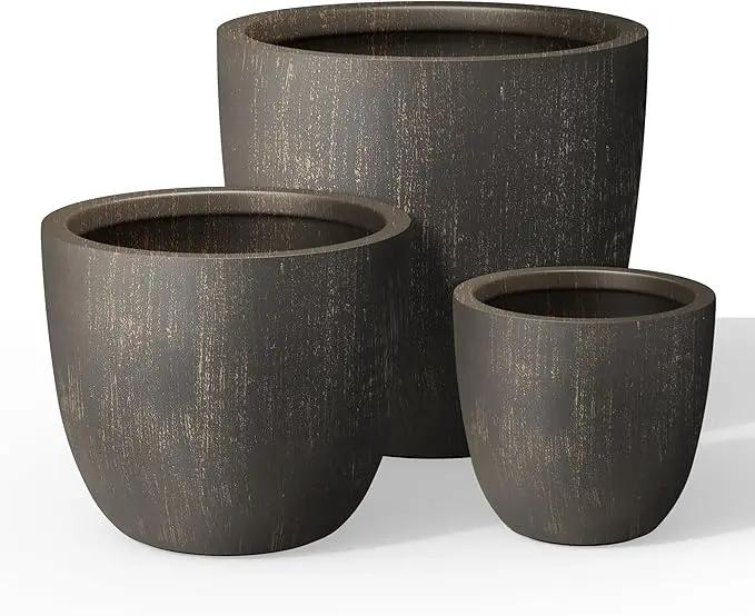 Kante 18",14",10" Dia Concrete Round Planters (Set of 3), Outdoor Indoor Large Planter Pots with Drainage Hole and Rubber Plug for Home Patio Garden, Oil Rubbed Bronze by GreenHaven Gardens