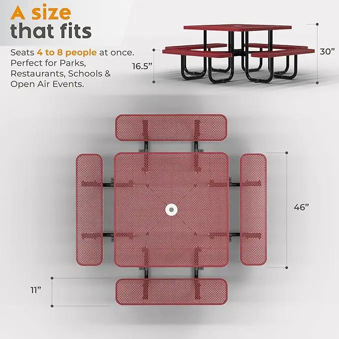 Metal Picnic Tables for Outdoors with Umbrella Hole - Coated Steel Heavy Duty Commercial Grade Table with Adjustable Seats (Red, 46 in, Square, Punched Steel) by GreenHaven Gardens