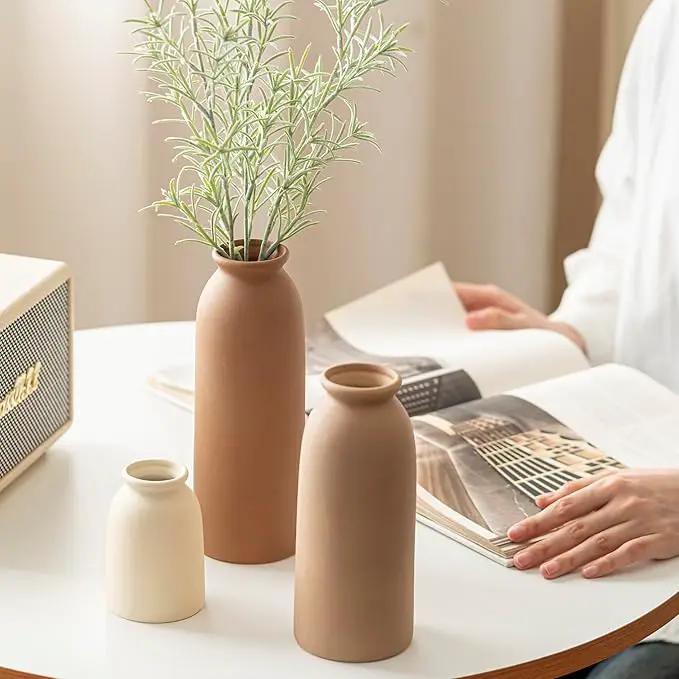 Ceramic Vase Set-3, Small Flower Vases for Decor, Modern Boho Farmhouse Style, Decorative Vases for Pampas Grass & Dried Flowers, Distressed Finish (Earth Tone) by GreenHaven Gardens