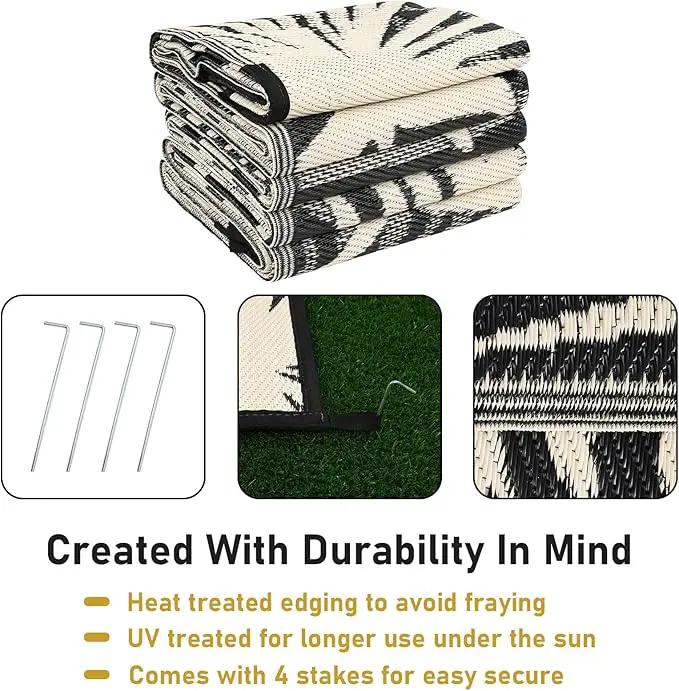 Outdoor Rug Waterproof for Patios Clearance, Reversible Outdoor Plastic Straw Rug Camping Carpet, Outside Floor Mats Large Area Rugs for RV,Patio,Deck,Porch,Beach, Balcony，8'x10',Black&Beige by GreenHaven Gardens