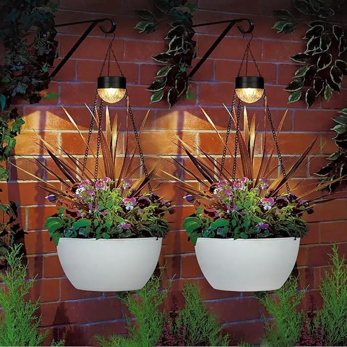 2 Packs Hanging Planters Basket for Outdoor Plants, Solar Powered Self Watering White Round Plastic Flower Pots with Drainer for Balcony Patio Garden Outdoor Decoration by GreenHaven Gardens
