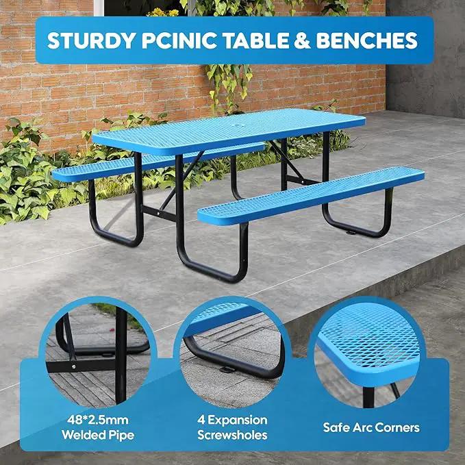 6FT Metal Picnic Tables for Outdoors, Commercial Rectangular Picnic Table and Bench Set for Outside, Patio, Garden, Backyard, Porch, Surface Mount, Blue by GreenHaven Gardens