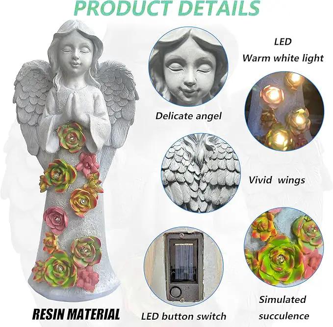 Angel Solar Garden Outdoor Statues with Succulent Plants and 6 LED Lights– Outside Solar Garden Decor Figurines -Remembrance & Sympathy Gifts Decorations by GreenHaven Gardens
