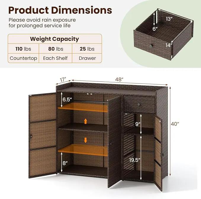 Tangkula Rattan Outdoor Storage Cabinet, Patiojoy Outdoor Cabinet with 4 Adjustable Shelves, 1 Drawer, 3 Doors, Patio Storage Deck Box Table for Patio Garden Poolside (Mix Brown) by GreenHaven Gardens